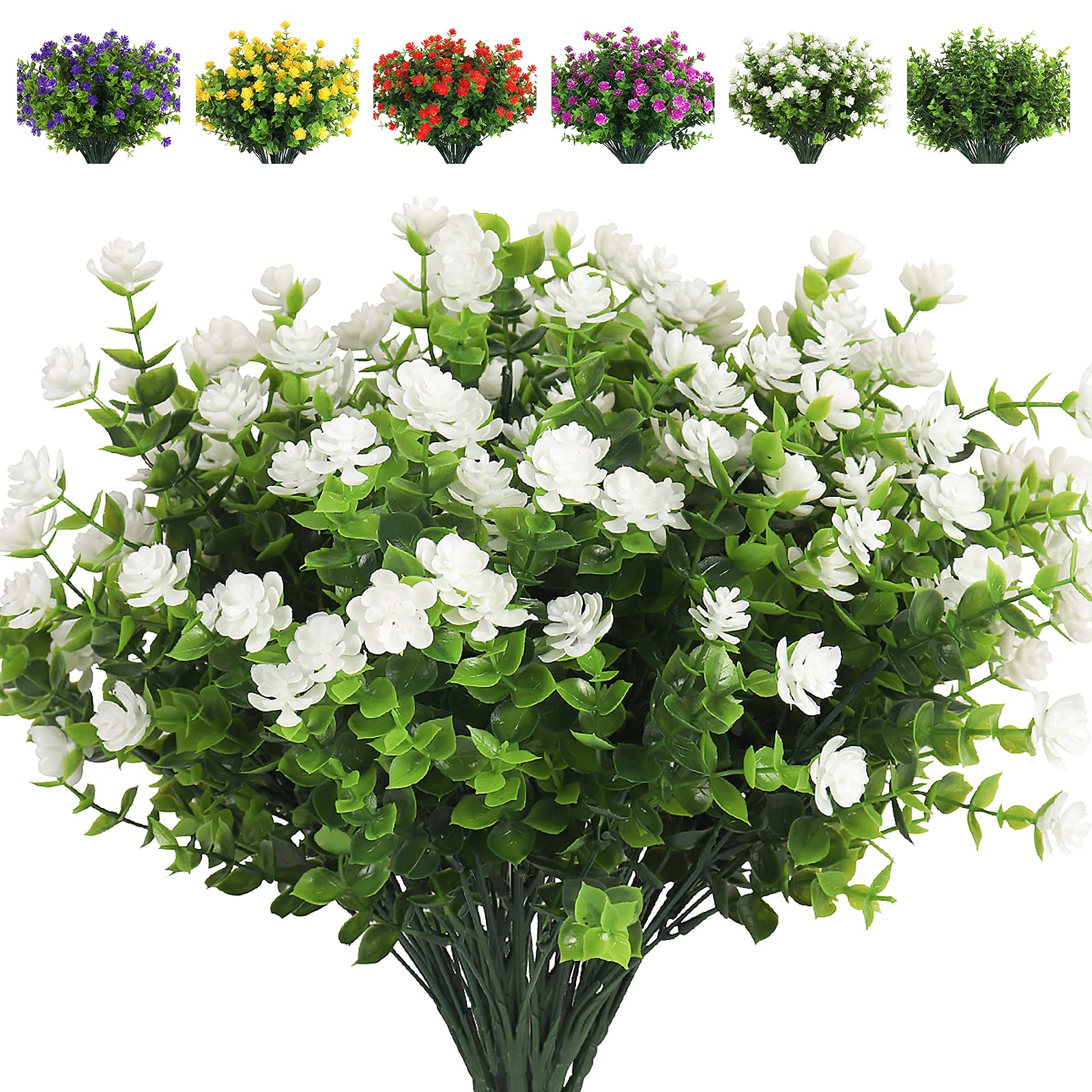 RECUTMS Artificial Flowers, Fake Boxwood Outdoor UV Resistant Plants Artificial Springs Flowers Eucalyptus Greenery Shrubs Bridal Wedding Bouquet for Home Garden Party Wedding Decoration(White)