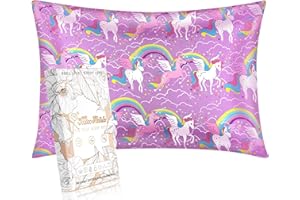 Miss Adola 1 Pack Kids Pillowcase - Queen Size 30 x 20 Inches 19 Momme Mulberry Silk Zipper Pillow Case for Hair and Skin Cute Cartoon Kawaii Rainbow Unicorn Silk Pillowcase for Teens Girls Boys