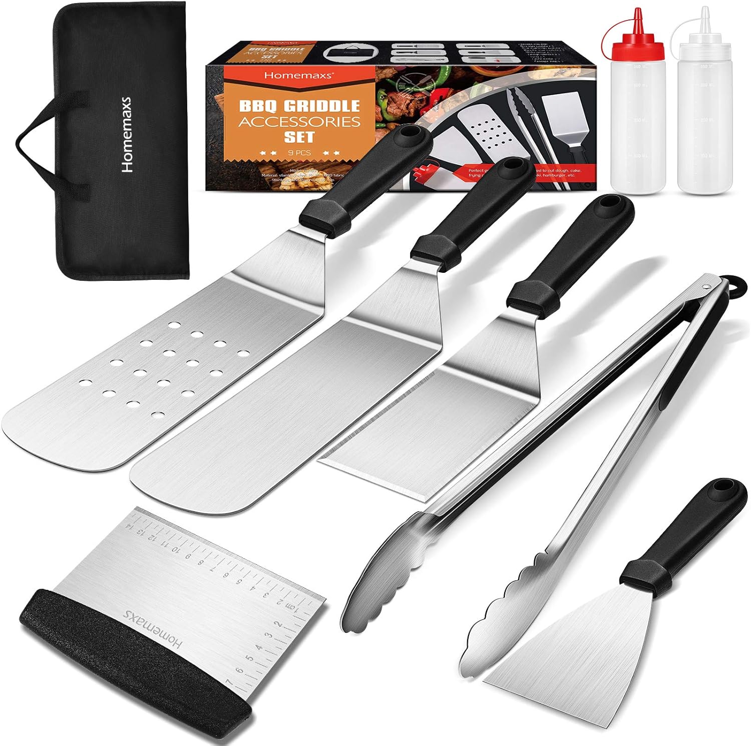 Homemaxs Grillspachtel Set, 9 Pcs Grillbesteck Edelstahl für Outdoor und Indoor, BBQ Zubehör für Männer Camping, Grillen im Freien, Teppanyaki