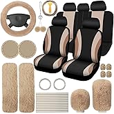ROCEEI 43 Pcs Beige and Black Car Seat Cover Full Set for Women Christmas Fuzzy Car Accessories Fluffy Steering Wheel Cover Front Rear & Belt Handbrake Shift Accessory for Winter