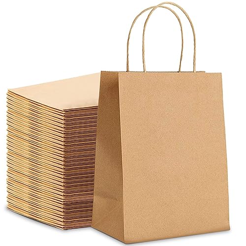 HURUC 20 Pcs Brown Paper Bags With Handles,130GSM, Small Paper Gift Bags, Eco-Friendly Kraft Shopping Carrier, Christmas, Easter, Birthday Parties & Merchandise Retail 18x24x8cm