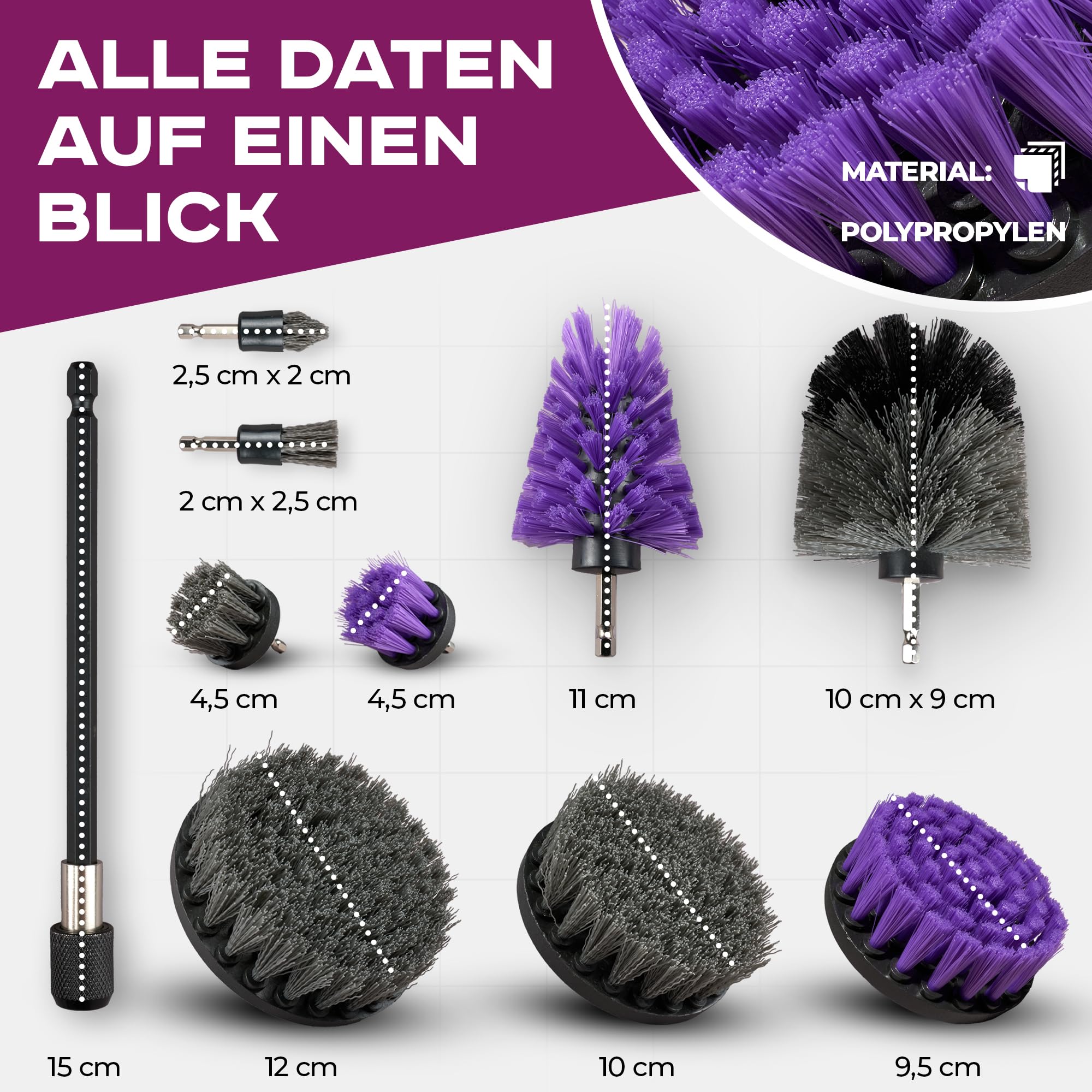 Bürstenaufsatz für Akkuschrauber 10-teilig – Drill Brush Reinigungsbürste – Bad, Küche, Auto, Fliesen, und mehr. I Reinigungsbürste Akkuschrauber I Bürstenaufsatz Bohrmaschine MONDOASE 7