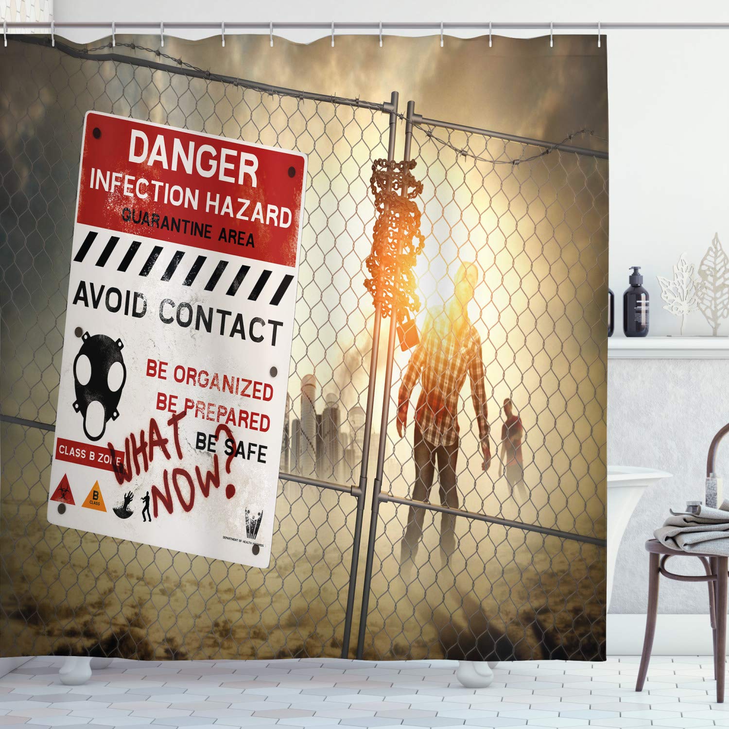 ABAKUHAUS Zombie Shower Curtain, Dead Man Walking in Dark Danger Scary Scene Fiction Halloween Infection Picture, Cloth Fabric Bathroom Decor Set with Hooks, 86 Inches Extra Long, Multicolor