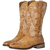 SheSole Wide Calf Cowboy Boots Women - Bold Cowgirl Western Square Toe, Hidden Stretch Panel & Cushioned Insole for Confident Fit