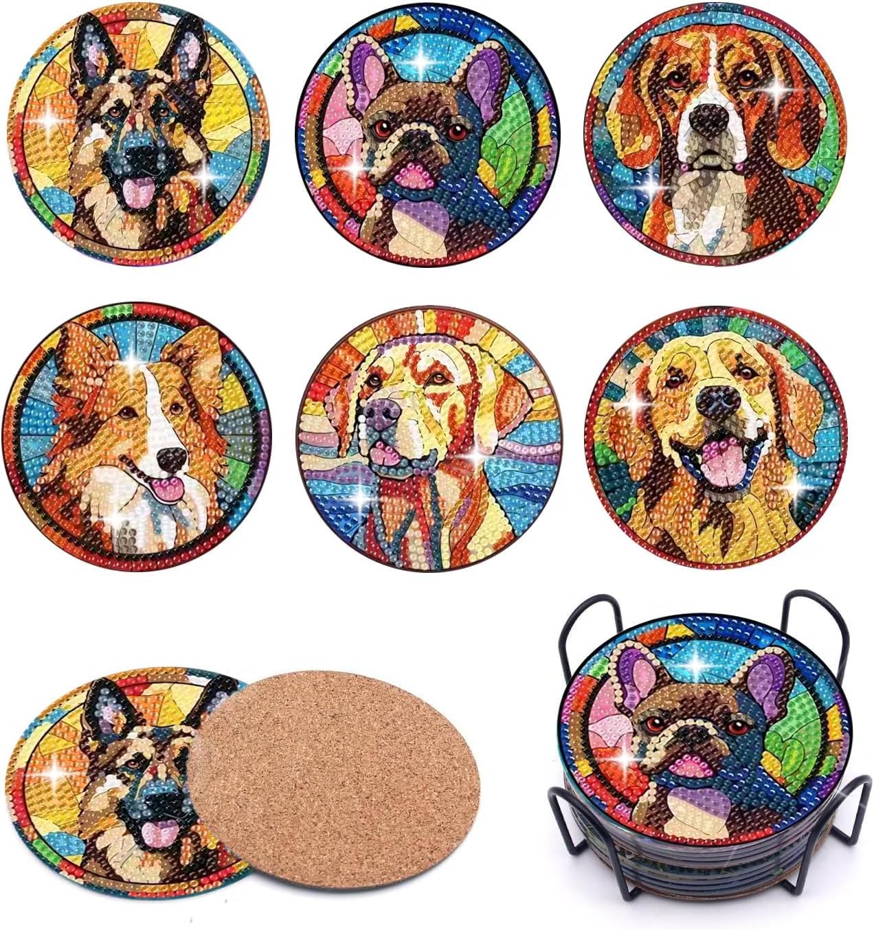6 Pcs Dogs DIY Diamond Painting Kits Coasters with Holder, Diamond Art Coasters Kits for Adults Beginner,Full Round Drill Gem Painting Craft Kit for Adults (Dogs).
