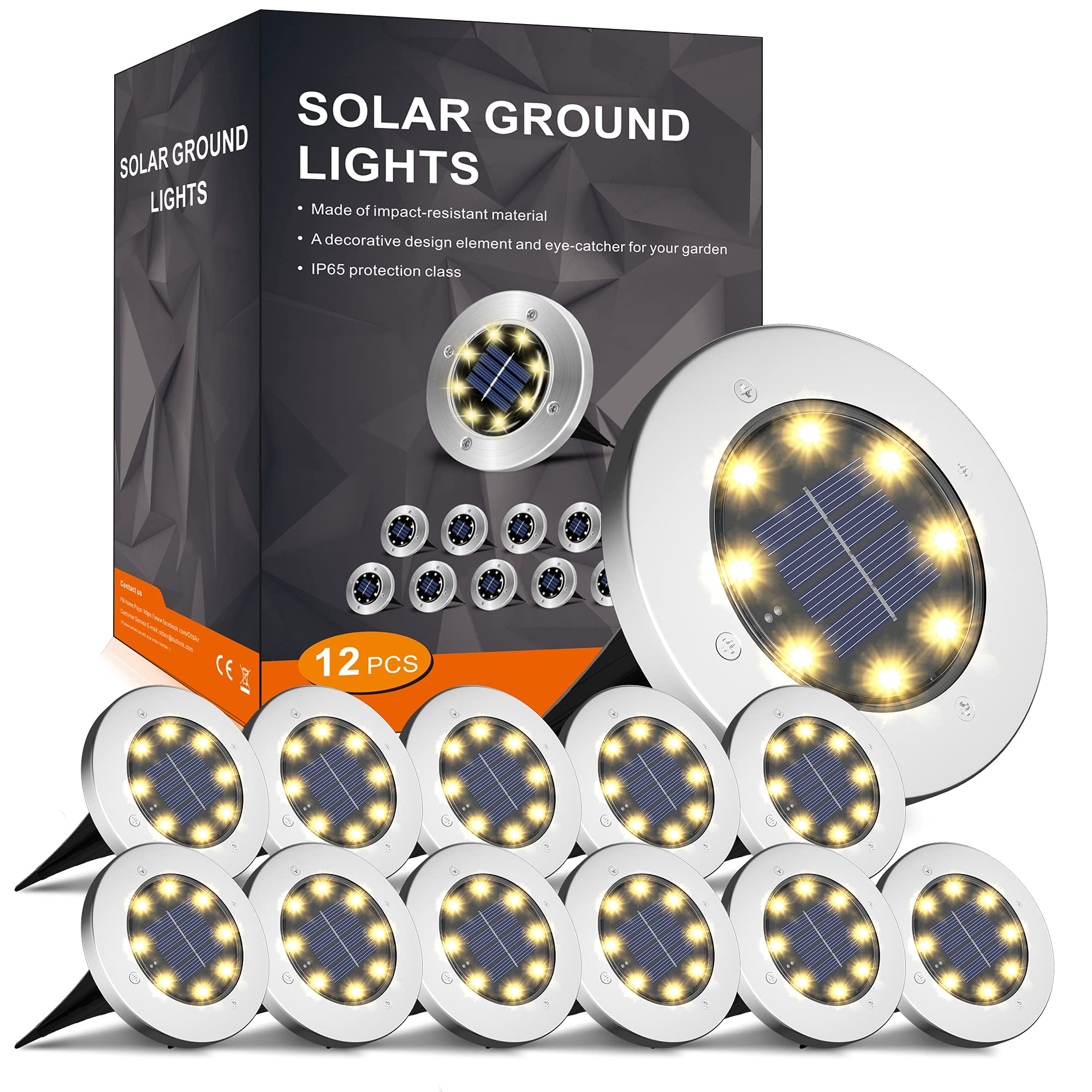 Flowood Solar Ground Lights, 8 H Working Solar Lights Outdoor Garden, IP65 Waterproof Outdoor Solar Floor Lights, Solar Disk Lights for Garden Lawn Pathway Patio Warm White 12 Pack