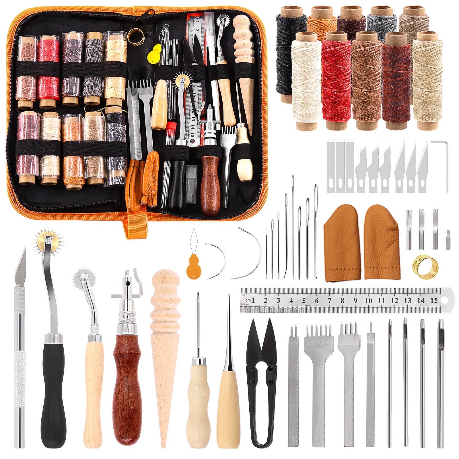 Swpeet 46Pcs Leather Craft Kit, Working Tools & Supplies with Waxed Thread Groover Awl, Stitching Punch, Tracing Wheel, Sewing Needles & More