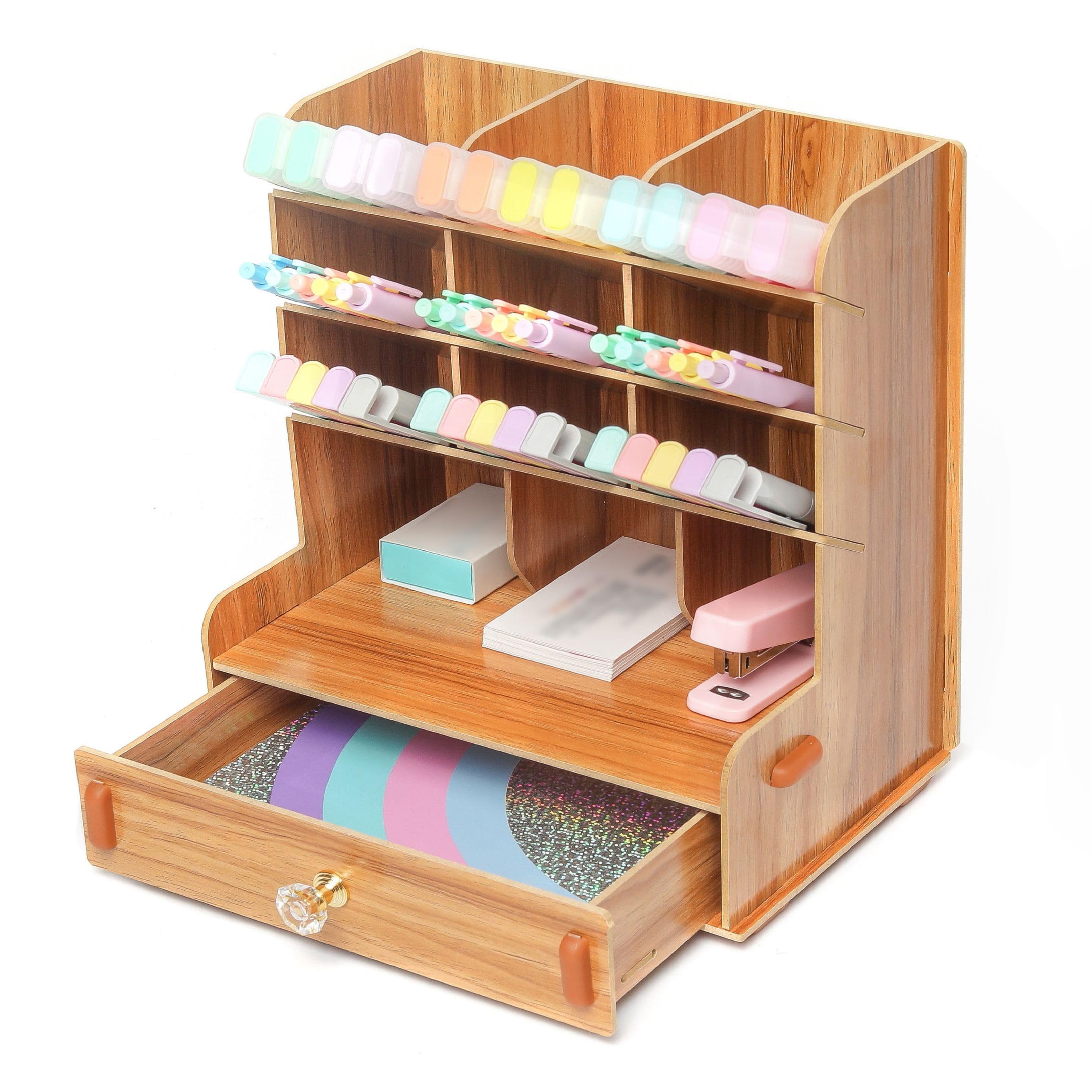 EXERZ Wooden Desk Organiser - Multifunction Desktop Tidy with Drawers. 5 Tiers, Spacious for Stationary, Office, Art Pen and Brushes, Paper and Mail. Wooden Storage Caddy.