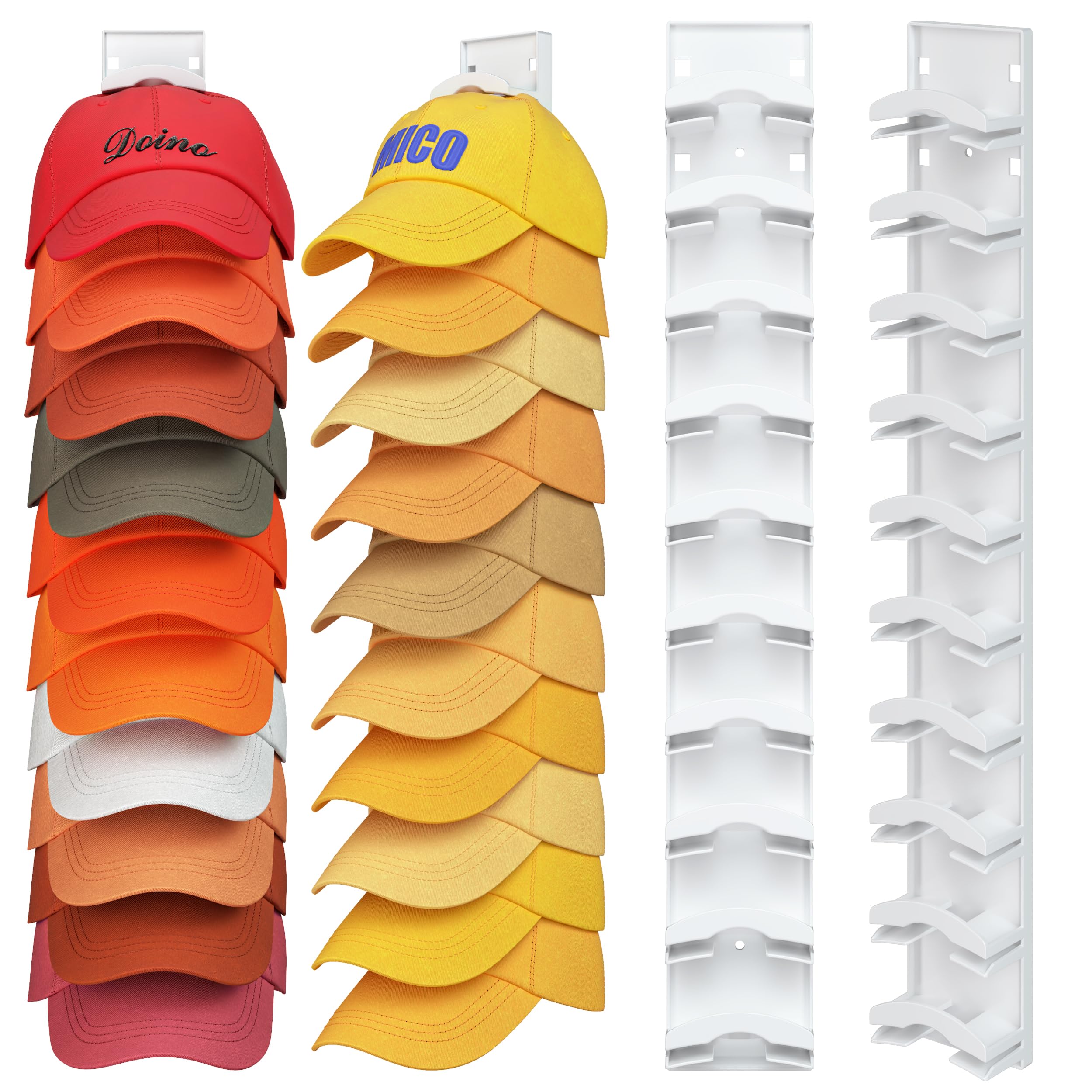 Hat Organizer Hold up to 20 Hats, 2 Pack Hat Rack for Wall with Strong Adhesive, Hat Organizer for Baseball Caps Display for Door Closet, Hat Hanger Holder Multilayer Two Mounting Option(White)