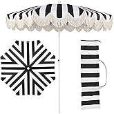 JONATHAN Y UMB1003Q Mariner 6.5 ft. Cottage Fringe Tassel Market Beach Umbrella with Push Button Tilt, Wind Vent and UV Protection, and Matching Carry Bag in Black and White Stripe/Cream, White Pole