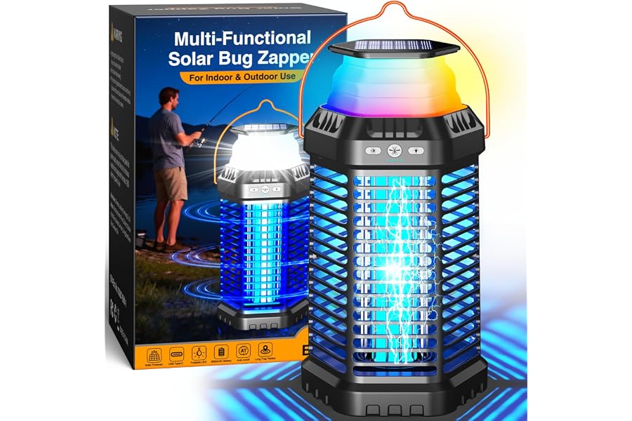 GTERT Solar Bug Zapper Outdoor – Ultra-Strong Fly & Mosquito Zapper, Solar-Powered Rechargeable Bug Zapper, Portable Cordless