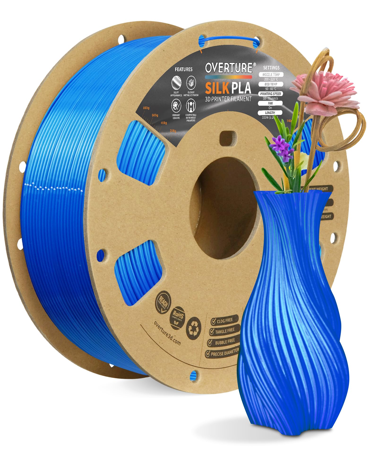 OVERTURE Silk Filament PLA 1.75mm Clog-Free Shiny 3D Printer Consumables, 1kg Spool (2.2lbs), Dimensional Accuracy +/- 0.02 mm, Fit Most FDM Printer (Silk Blue)