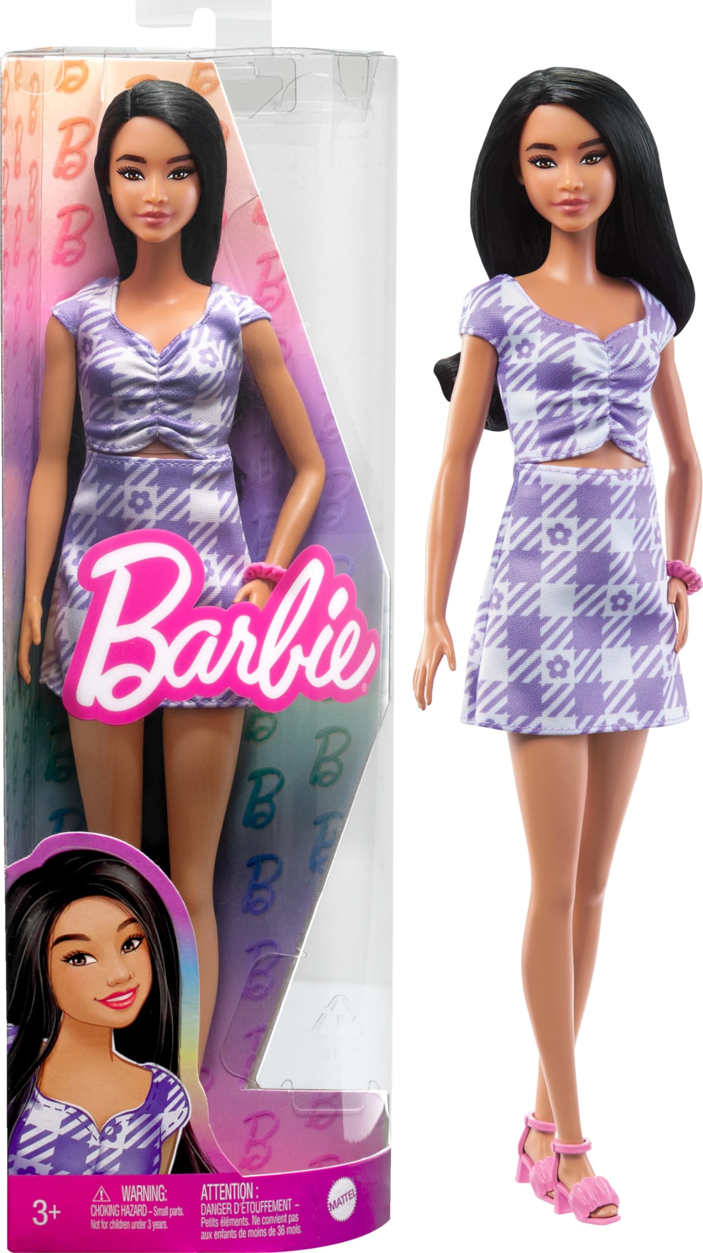 Barbie Doll, Kids Toys, Barbie Fashionistas, Wavy Black Hair and Tall Body Type, Gingham Cut-Out Dress, Clothes and Accessories, HPF75