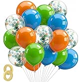 Gejoy 60 Pcs Dinosaur Party Balloons 12 Inch Fruit Green Blue and Orange Latex Balloons with Confetti for Dino Garland Arch Baby Shower Jungle Jurassic Birthday Party Decorations Supplies with Ribbon