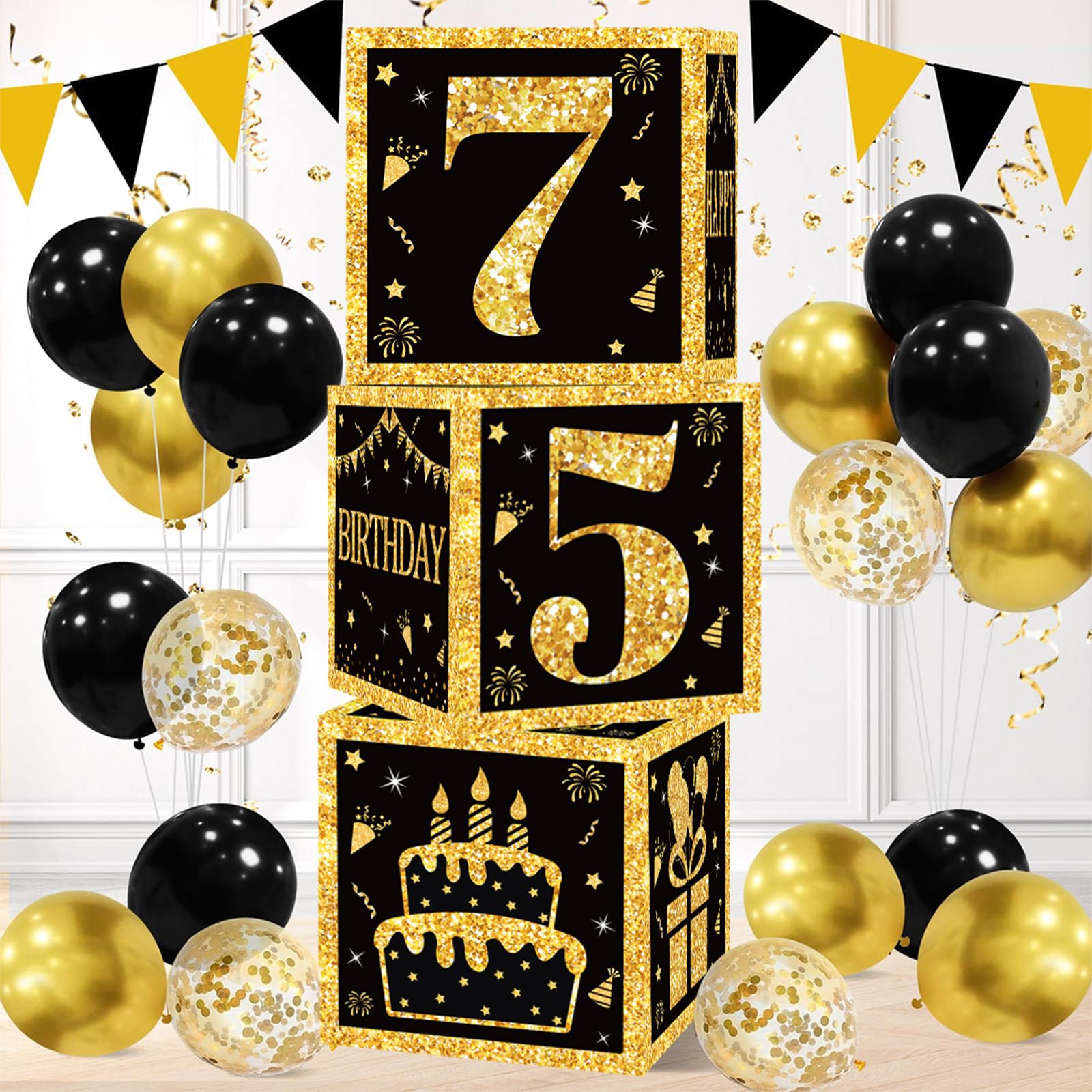 Photo 1 of 75th Birthday Decorations Boxes for Men- 3PCS Black Gold Happy 75th Birthday Balloons Boxes, 75 Year Old Party Supplies for Men Women