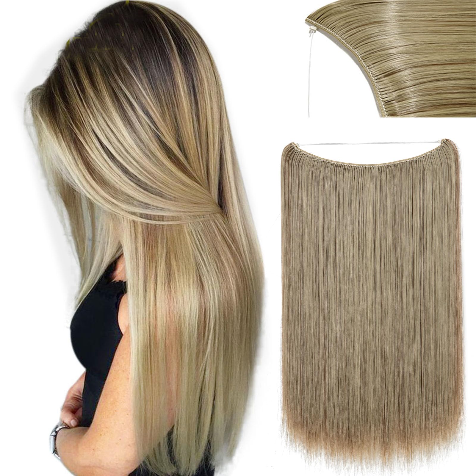 Invisible Secret Hidden Wire in Hair Extensions 20 Inches Long Straight Synthetic No Clip in Hairpieces Miracle Translucent Fish Line for Women Sandy Blonde mix Bleach Blonde