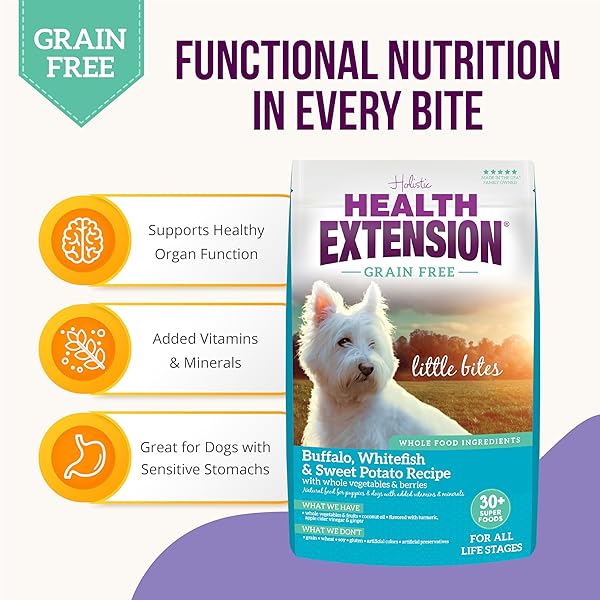HEALTH EXTENSION GRAIN FREE BUFFALO & WHITEFISH LITTLE BITES (1 LB / 0.45 KG) – SMALL KIBBLE FORMULA WITH OMEGA 3 & WHOLE FOODS FOR TEACUPS, TOYS & MINIATURE DOGS