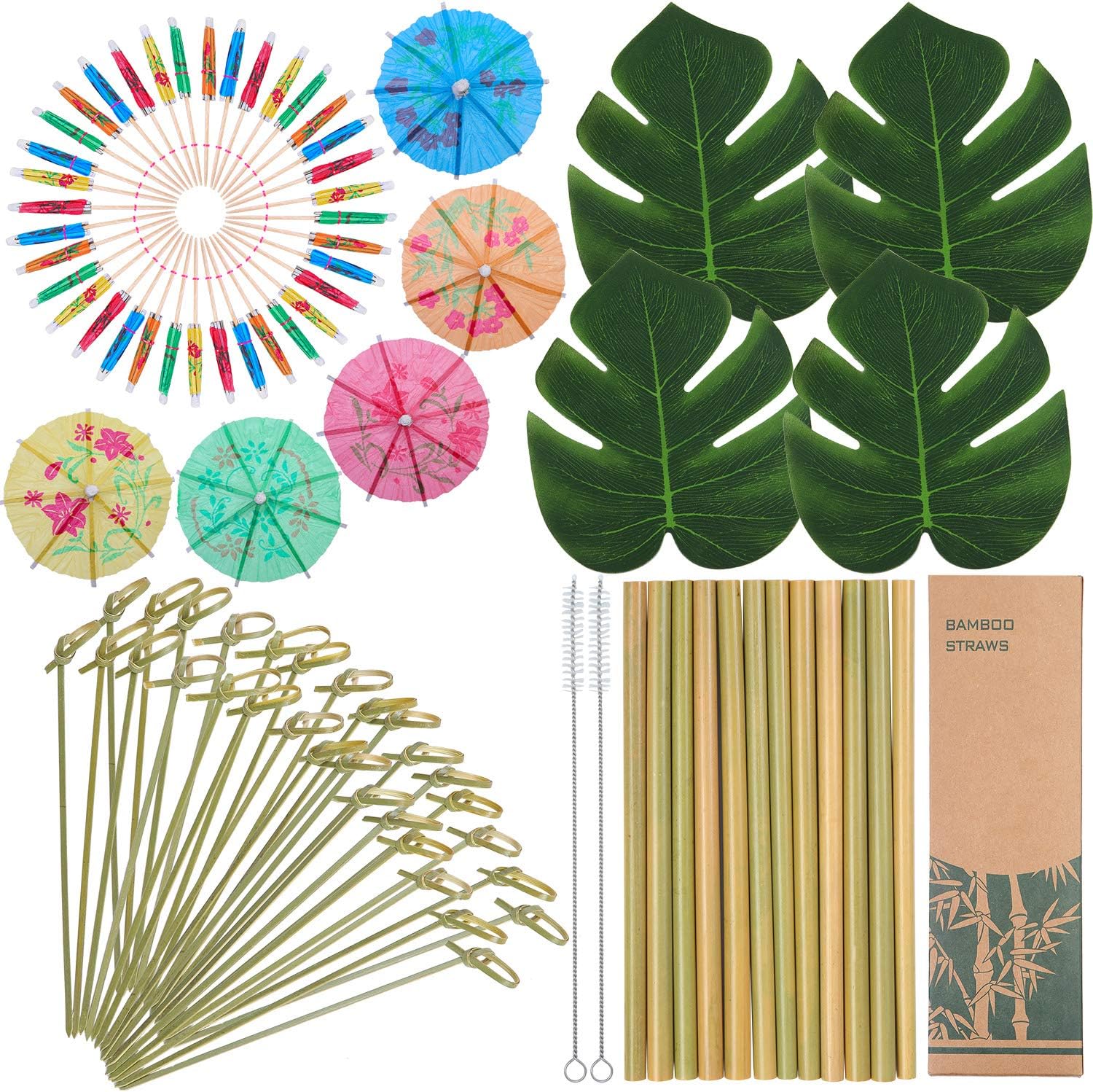 Tupa 225 Pieces Hawaiian Theme Party Decorations Include 100 Pieces Bamboo Knot Picks Skewers,100 Pieces Cocktail Umbrella Picks,12 Pieces Bamboo Straws and 10 Pieces Tropical Palm Leaves