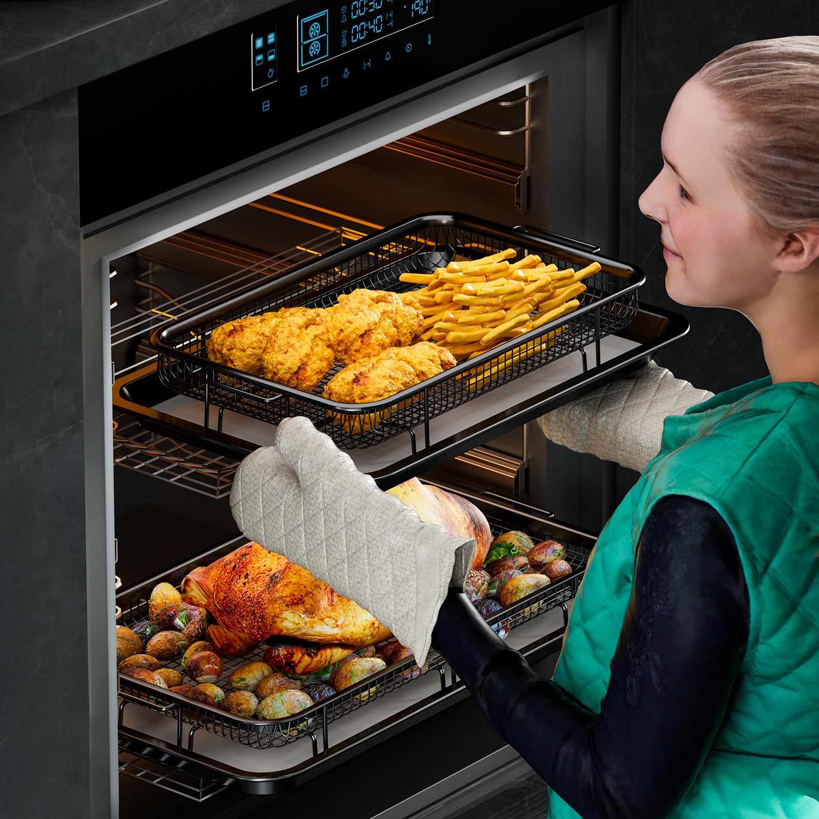 Air Fryer Basket for Oven, 2 Set Air Fryer Basket and Tray Set with 60 Sheets Parchment Papers,THORSES Stainless Steel NonStick Air Fryer Pan and Crisper Tray-Black Large15.7“×11.6” & Medium12.8