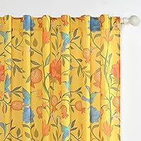 JOOJA Boho Curtains 2 Panels 63 Inches Long Vintage Floral Patterned Mustard Yellow Whimsical Bird Living Room Colorful Cotton Linen Blend Printed Curtains for Bedroom Kitchen