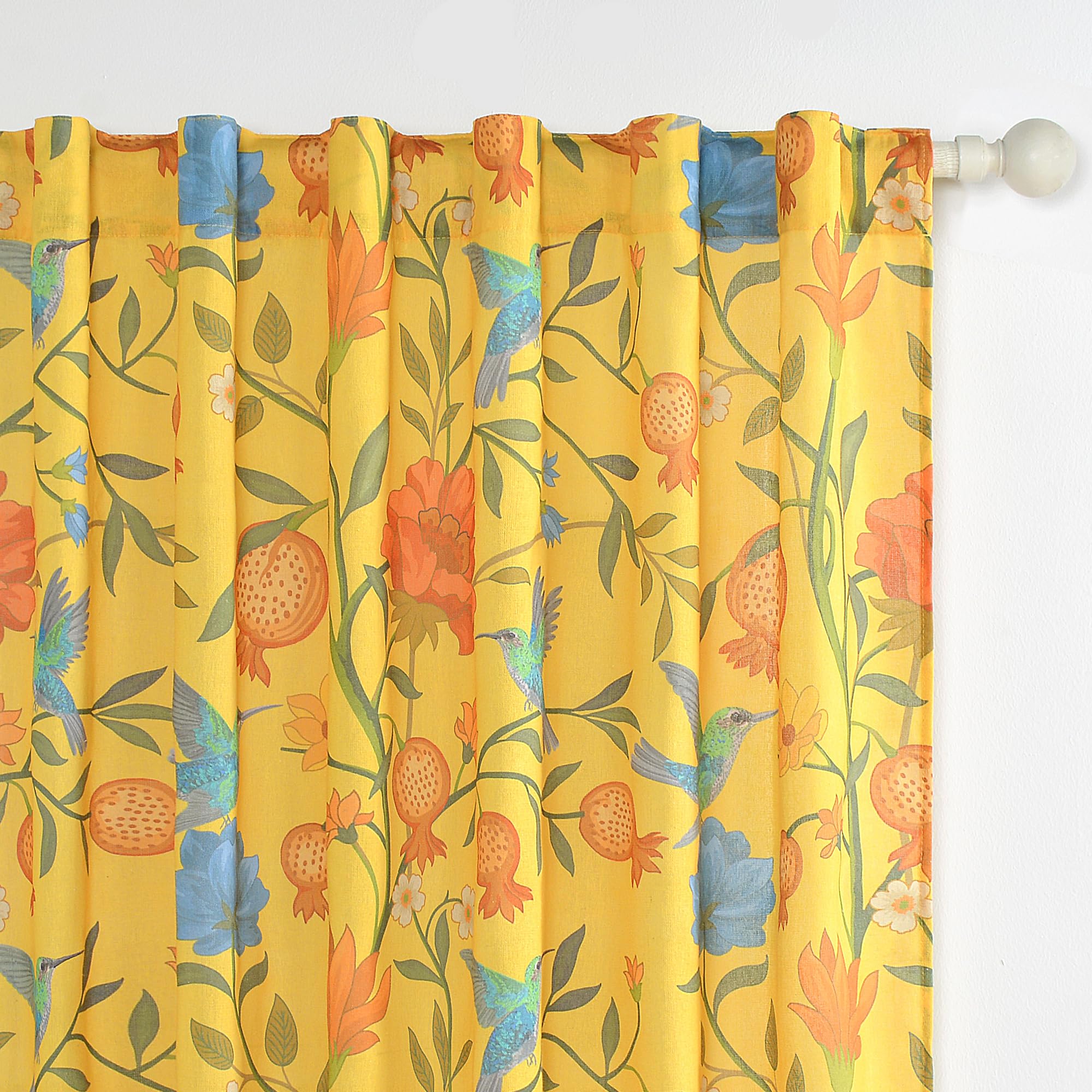 JOOJA Boho Curtains 2 Panels 63 Inches Long Vintage Floral Patterned Mustard Yellow Whimsical Bird Living Room Colorful Cotton Linen Blend Printed Curtains for Bedroom Kitchen