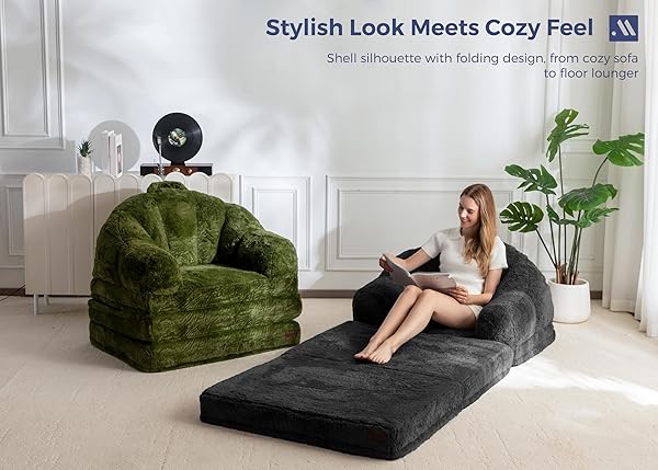 MAXYOYO FOLDING SOFA BED, 2 IN 1 CONVERTIBLE SOFA TO LOUNGER COMFY SINGLE BEAN BAG CHAIR FOR ADULTS, FLOOR SLEEPER COUCH WITH HANDLE, FAUX FUR COUCH BED FOR LIVING ROOM BEDROOM, BLACK