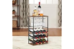 NANANARDOSO Wood Wine Rack, Countertop Wine Bar Rack, Wine Bar Cabinet with GlassBottle Holder, Metal and Wood Industrial Wine Cabinet for Home, Floor Liquor Wine Cabinet Storage, for Bar Kitchen Dining