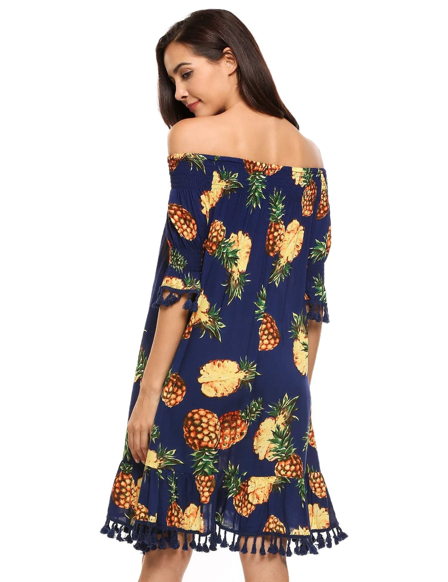 Beyove Women\'s Off Shoulder Tassel Trim Pineapple Printed Summer Party Dress,M