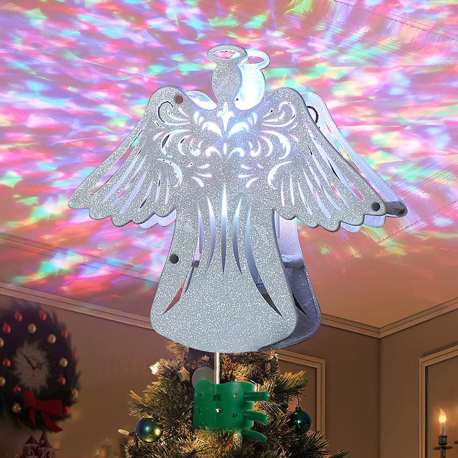 Photo 1 of PEIDUO Christmas Angel Tree Topper with RGB Projector, Animated Xmas Tree Topper Rotating Ripple Effect, Lighted Angel Topper for Christmas Tree Decorations, Unique White Angel Tree Top Decor, Plug in