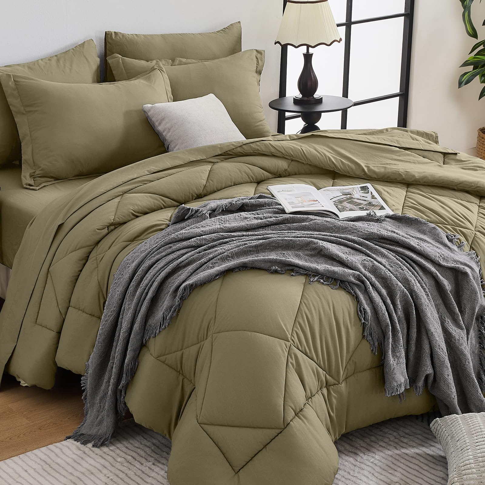 HEVUMYI Olive Green King Comforter Set - 7-Piece All Season Bed in a Bag King, Ultra Soft Bedding Set with Comforter, Flat Sheet, Fitted Sheet, Pillowcases, Pillow Shams, Olive Green Image