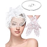 Honoson 4 Pcs Fascinators Hats Set for Women Tea Party Accessory Headpiece Veil Lace Glove Pearl Set, Wedding Halloween Xmas