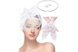 Honoson 4 Pcs Fascinators Hats Set for Women Tea Party Accessory Headpiece Veil Lace Glove Pearl Set, Wedding Halloween Xmas