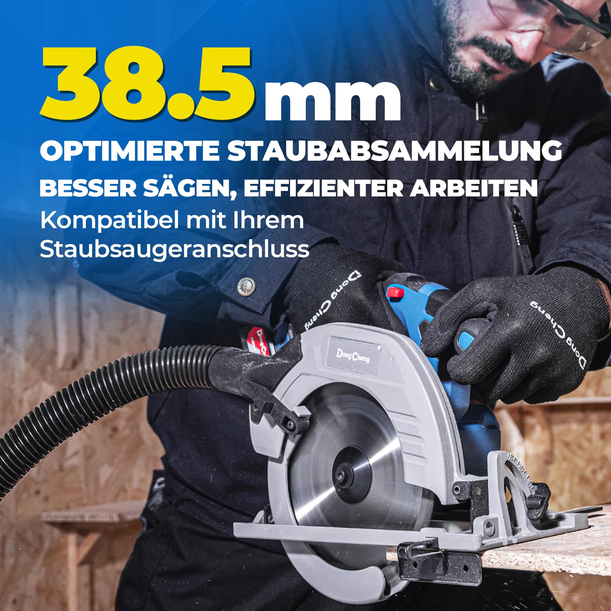 Dong Cheng 18V Akku Handkreissäge Ø185mm, 5000RPM, Schnitttiefe 65 mm, 0-45° (inkl. Ø185 x Ø20 mm Sägeblatt, Akku/Ladegerät, BOXX) DCMY02-185 7