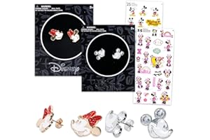 Disney Earrings for Girls, Women - Bundle with 2 Pairs of Earrings Featuring Minnie Mouse and Mickey Mouse Plus Stickers for Kids | Disney Jewelry Set