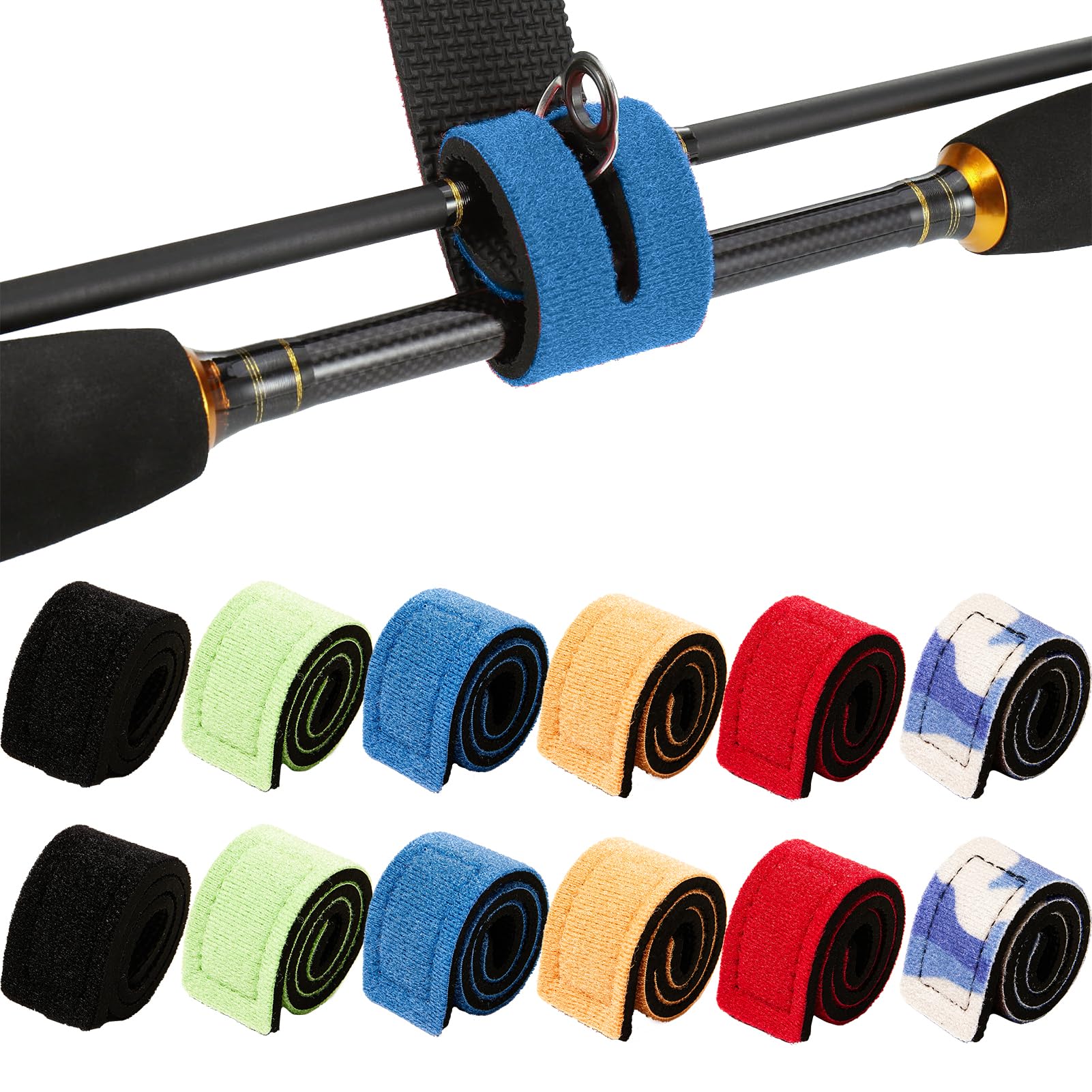 TAIXING 12Pcs Fishing Rod Straps, Adjustable Neoprene Ties Straps for Fishing Rod Fix, Elastic Fishing Rod Belt Ties, Gear Strap Spinning Rod Sea Rod Feeder Rod Carp Rod Wrap Protectors（6 colors）
