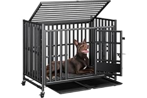 KULOBBY 42 inch Heavy Duty Dog Crate, Indestructible Dog Crate for Large & High Anxiety Dogs, Escape Proof, Sturdy Heavy Duty Kennel with 3 Doors, 4 Lockable Wheels, 2 Removable Trays
