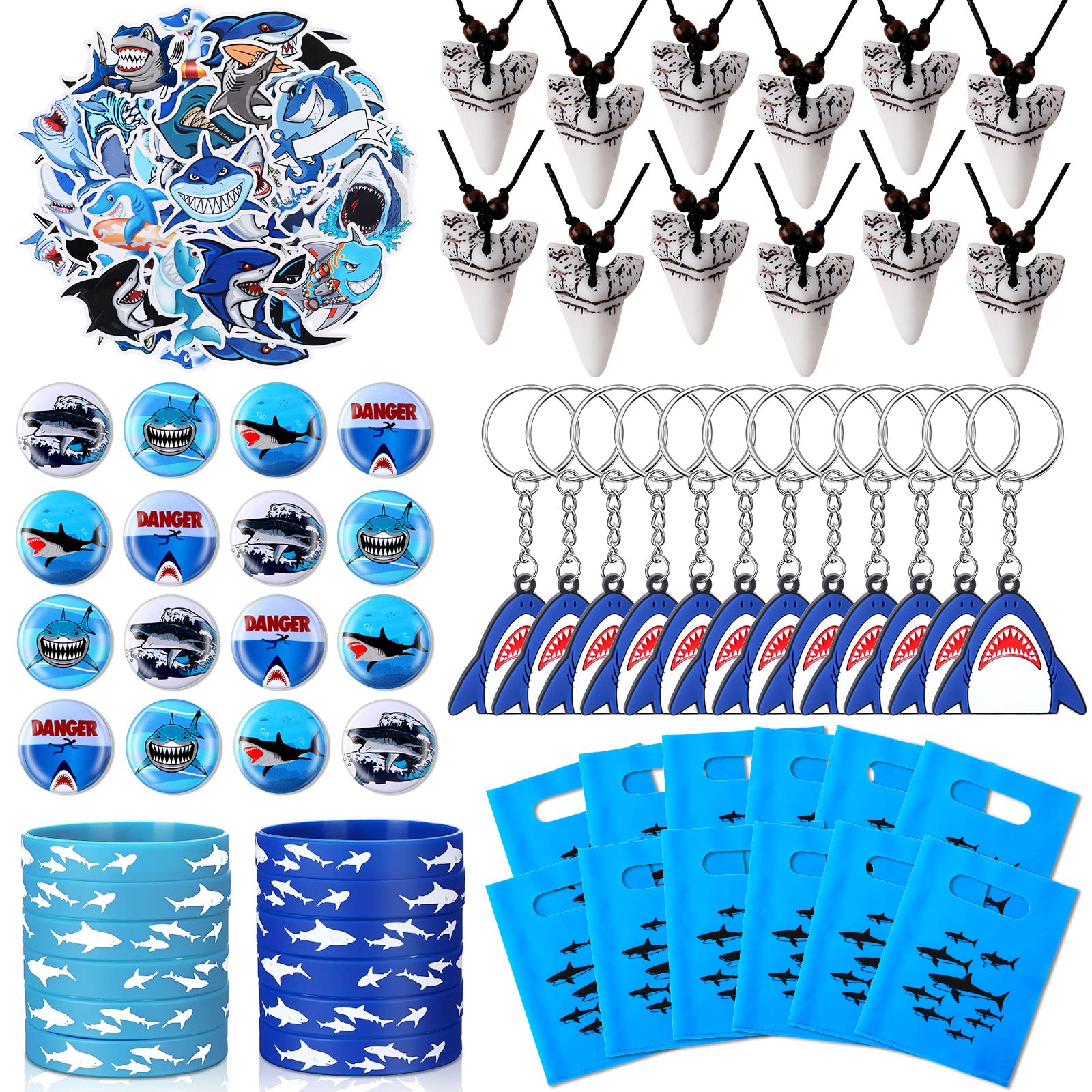 Photo 1 of Jerify 110 Pcs Shark Party Favors Keychains Tooth Necklaces, Silicone Bracelet Wristbands Button Pins Gift Bags and Stickers for Birthday Shark Party Supplies Ocean Sea