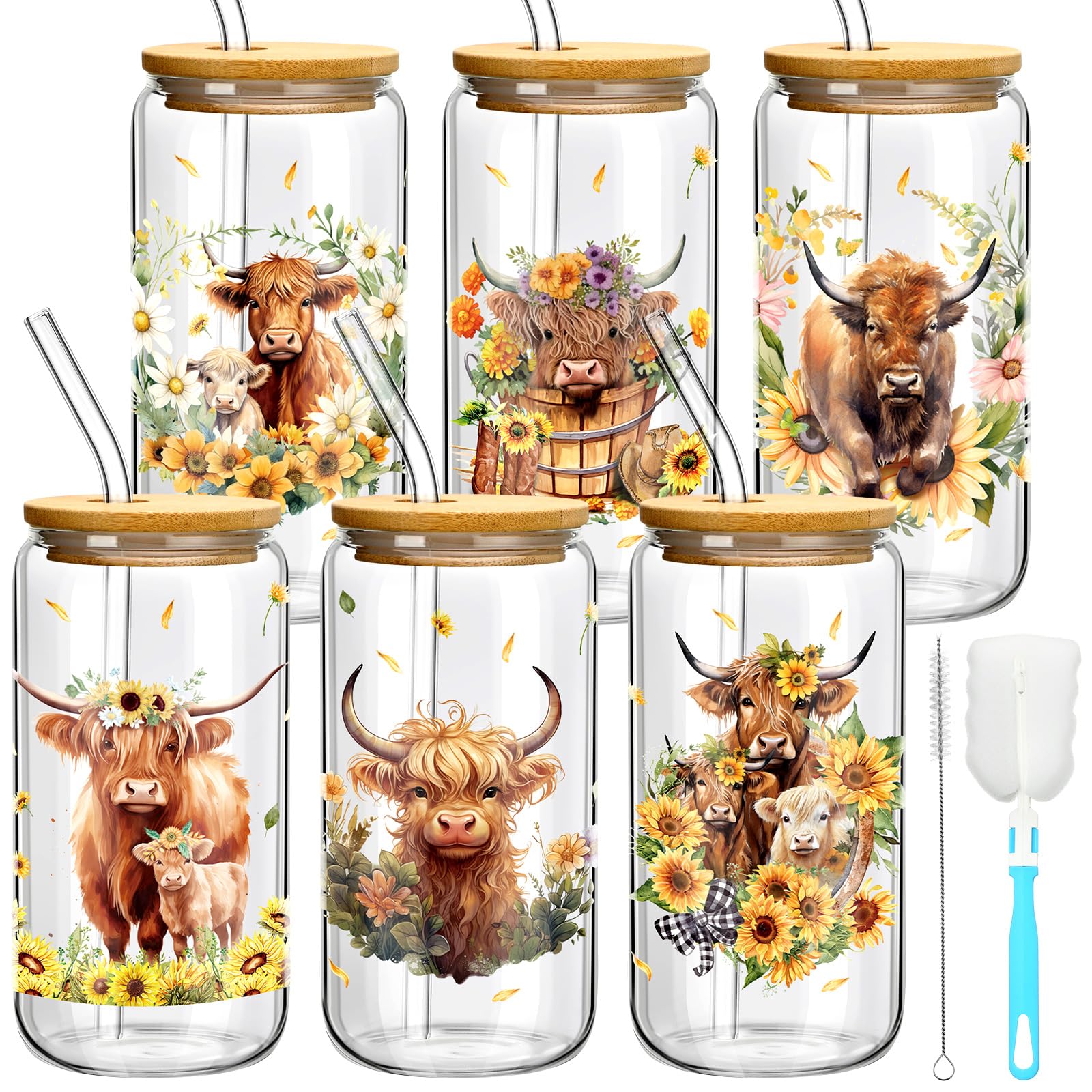 Photo 1 of ** NO STRAWS**
Skylety 6 Set Highland Cow Glass Cups with Straws and Lids 16 oz Can Shaped Drinking Cups Iced Coffee Glasses Tumbler Cup for Christmas Coworker Friend Farmer Gifts, 7 Brushes(Yellow,Highland Cow)