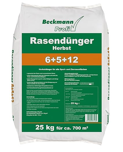 Beckmann Profi Herbst Rasendünger 6+5+12 • 25 kg für ca. 700 m² • für alle Sport- und Zierrasenflächen
