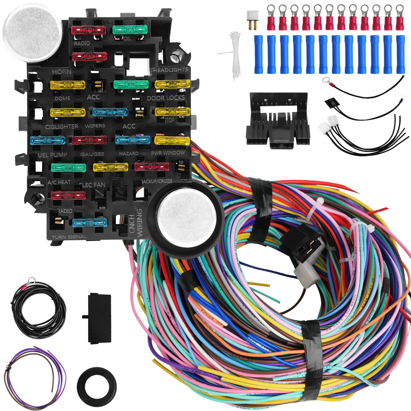 Photo 1 of Universal 21 Circuit Wiring Harness Kit, Universal Extra Long Wire 21 Circuit Wiring Harness Standard Color 17 Fuses for GM Chevy Chrysler Dodge Ford Hotrods Plymouth Mopar Mercury Ratrods