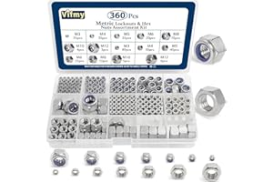 Vifmy Metric Hex Nuts&Locknuts Assortment Kit(360Pcs)，M3 M4 M5 M6 M8 M10 M12 Stainless Steel Assorted Hex Nuts Sets,Bright Fi