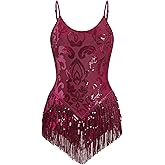 IBAKOM Women Sexy Sequins Fringe Bodysuit Sparkly Tassel Latin Jazz Dance Acrobat Costume Adult Trapeze Artist Rave Outfits