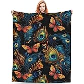Peacock Feather Butterfly All-Season Flannel Throw - Soft Cozy, Lightweight Flannel Gift Blankets Easy Clean & Compact for Travel Camping,60''x 50''