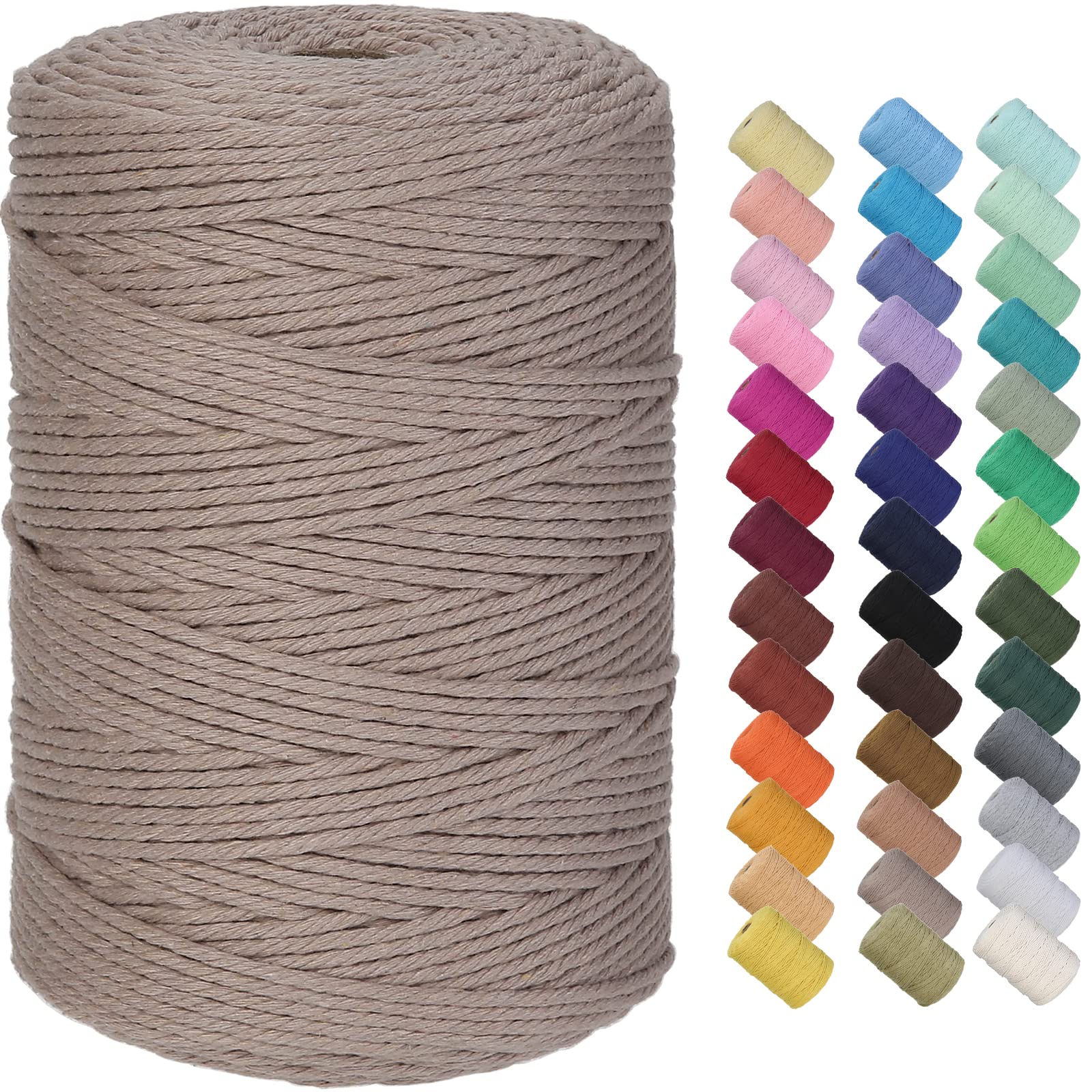 GOHOF Macrame Cord 3mm x 300m Premium Cotton Macrame Rope, 4 Strand Twisted Soft Cotton Cord, One of The Most Perfect Materials for Macrame Art, Cotton String Without Chemicals (Warm Gray)