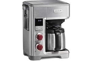 WOLF GOURMET Programmable Coffee Maker System with 10 Cup Thermal Carafe, Built-In Grounds Scale, Removable Reservoir, Red Knob, Stainless Steel (WGCM100S)