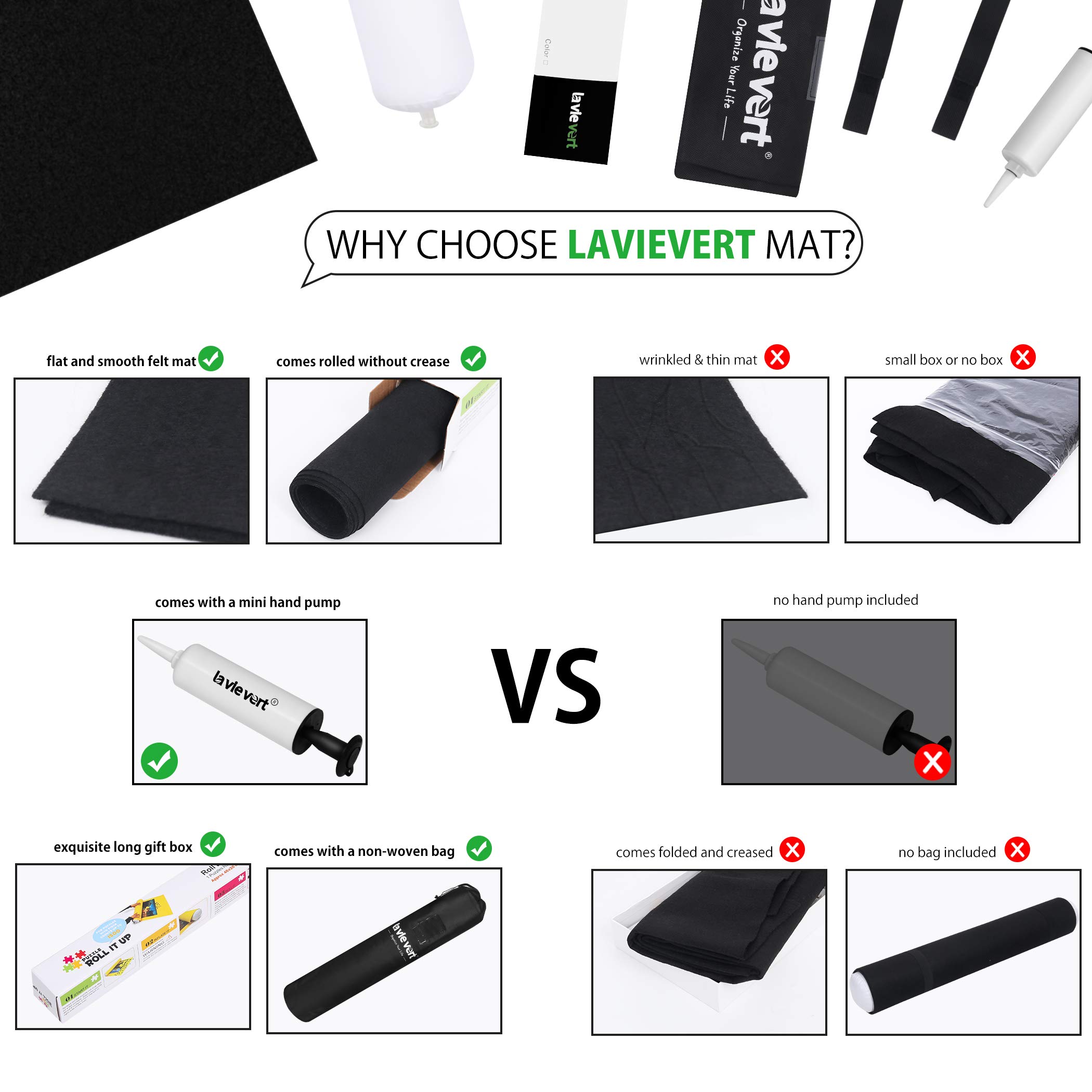 Lavievert Jigsaw Puzzle Mat Roll Up with Drawstring Storage Bag & Hand Pump, Portable Puzzle Board for Adults, Long Box Package, No Folded Creases, Felt Mat Saver Keeper for Games Up to 1500 Pieces