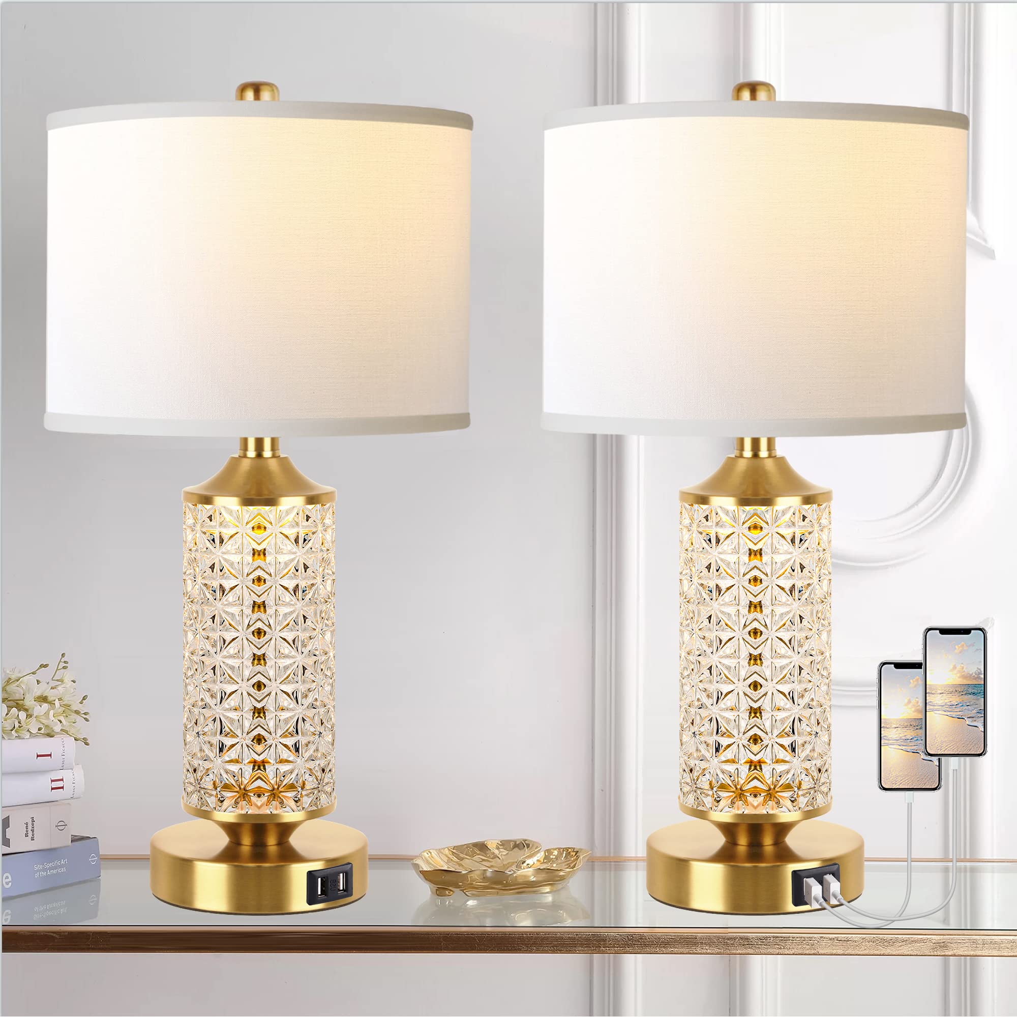 Photo 1 of QiMH Set of 2 Table Lamps with USB Ports, Modern Bedside Lamp with LED Night Light for Bedroom, Nightstand Lamps for Living Room Office (Gold)(2 Bulbs Include)