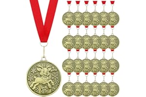 Cunno Christmas Medals Bulk 2 Inches Gold Christmas Reindeer Medals with Red Lanyard Winner Award Gifts for Xmas Reindeer Winter Party Stocking Stuffers Gifts