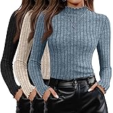 Oakgarden 3 Pack Women's Mock Neck Sweater Long Sleeve Ribbed Knit Slim Fitted Tops Lettuce Trim Lightweight Pullover Sweater