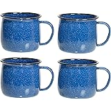 Red Co. Set of 4 Enamelware Metal 13.5 Oz Round Camping Coffee Mugs with Handle, White-Speckled Blue/Black Rim